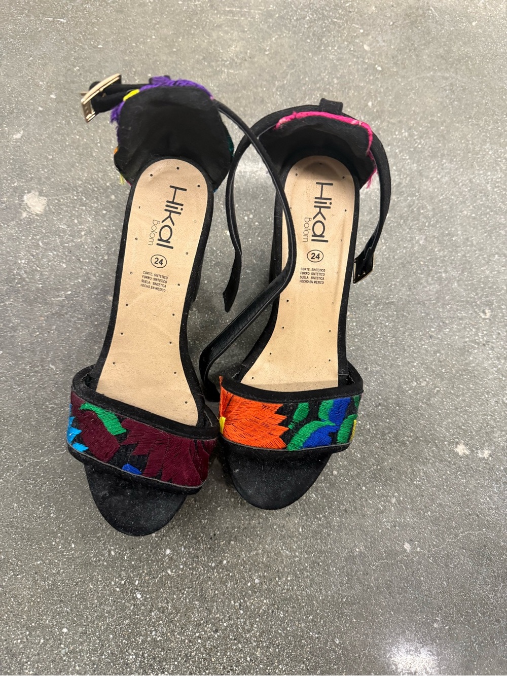 Black Embroidered Ankle-Strap Sandals - Multicolor Accent